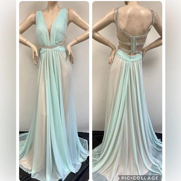 TERANI COUTURE deep V-Neck crystal embellished cutout back long gown - Picture 10 of 17